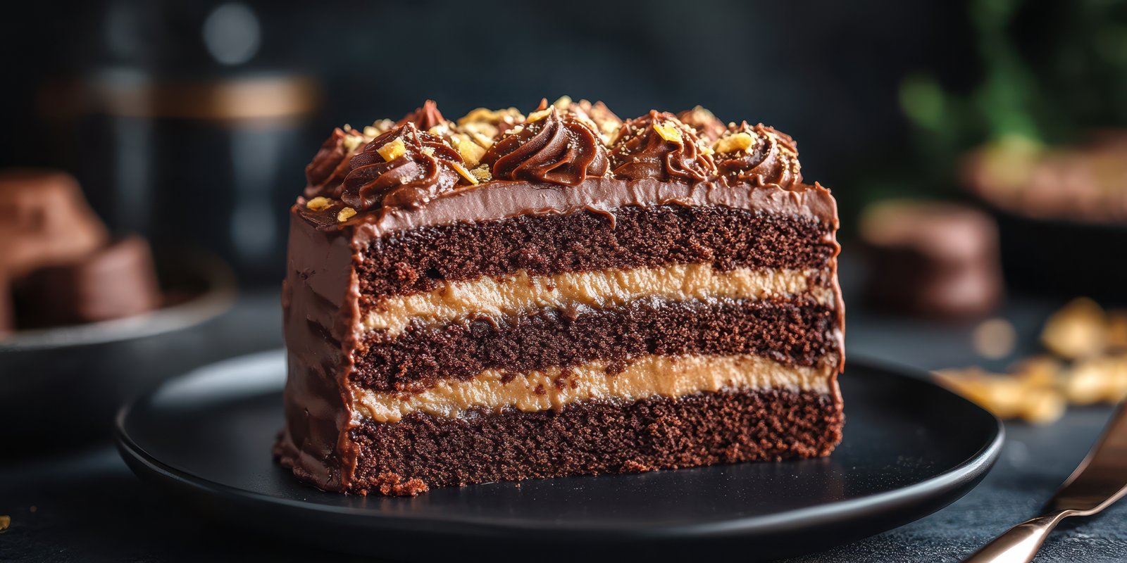 Decadent chocolate cake with layers of creamy filling and a rich frosting garnished with toppings on a dark background
